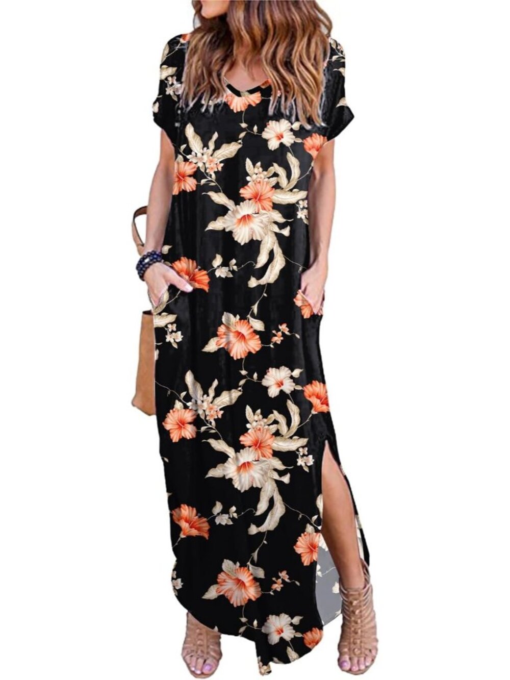 Women's Flower08 Summer Maxi Long Dress Casual Loose Short Sleeve Split Pocket